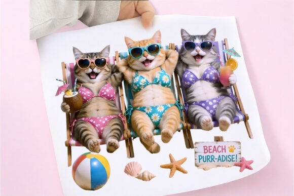 Beach Cats Png: Funny Cat Bikini & Sunglasses Design